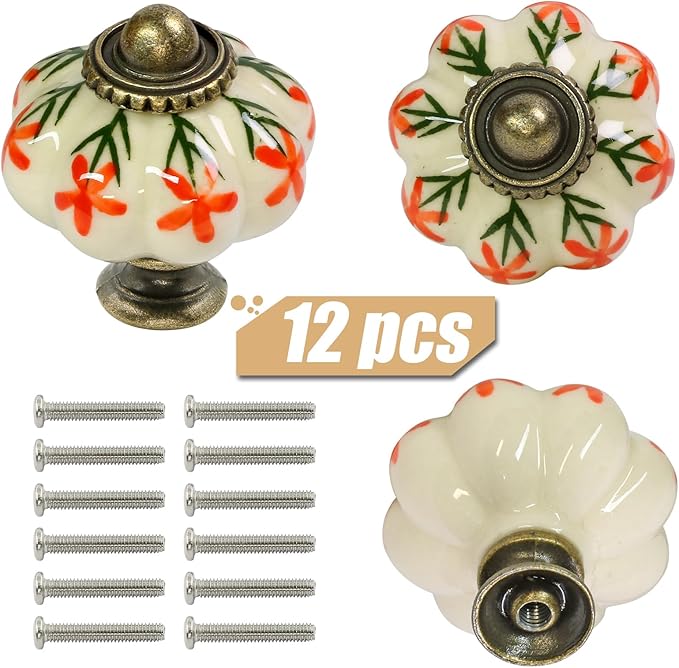 Ivory & Orange Pumpkin Knobs 12 Pack Ceramic Cabinet Knobs Vintage Drawer Pulls - Image 3