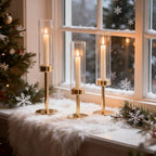 Gold Hurricane Candle Holders Set of 3, Tall Metal & Windproof Glass Taper - Image 2