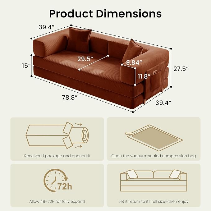 78.8" Convertible Futon Sofa Bed, Corduroy Futon Couch - Image 2
