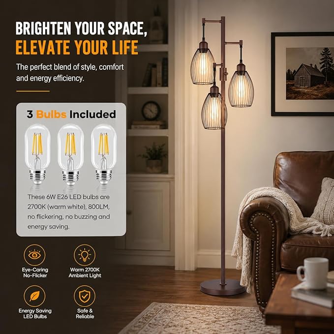Nintiue Dimmable Floor Lamp, 3x800LM LED Bulbs Included, Farmhouse Industrial - Image 4