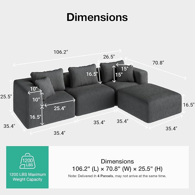 Novilla 106" Modular Sectional Sofa, Modern Cloud Sectional Couch - Image 2