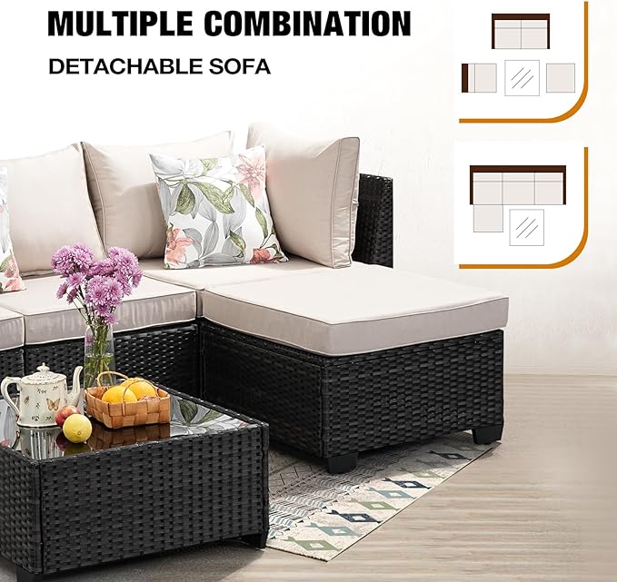 JOYURE 5 Pieces Patio Furniture Set All-Weather Outdoor Wicker Sectional - Image 7