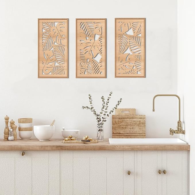 IARTTOP Tropical leaf Wood Wall Decor Framed Palm Monstera Leaves Wooden Wall - Image 3