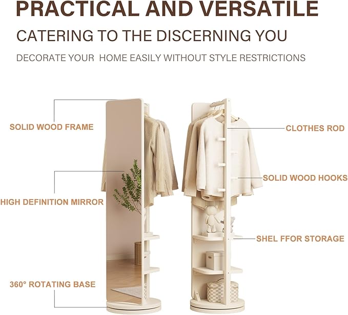 WoodsWhisper Full Length Mirror Coat Rack Solid Wood Floor Mirror 66"x12" Full - Image 7