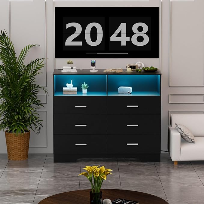 FJTJBSI Dresser with Power Outlets and LED Lights Wooden 6 Drawer Dresser with - Image 2