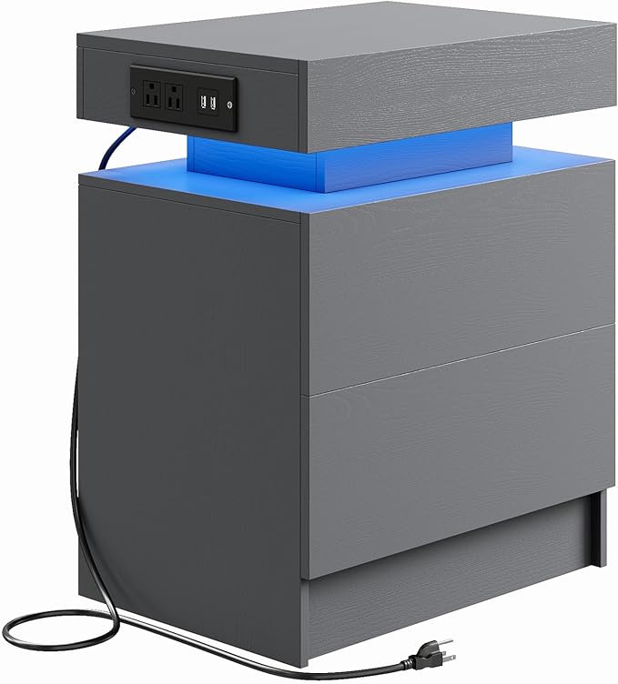 LIKIMIO Night Stand with Charging Station, Modern Grey Nightstand with LED - Image 7