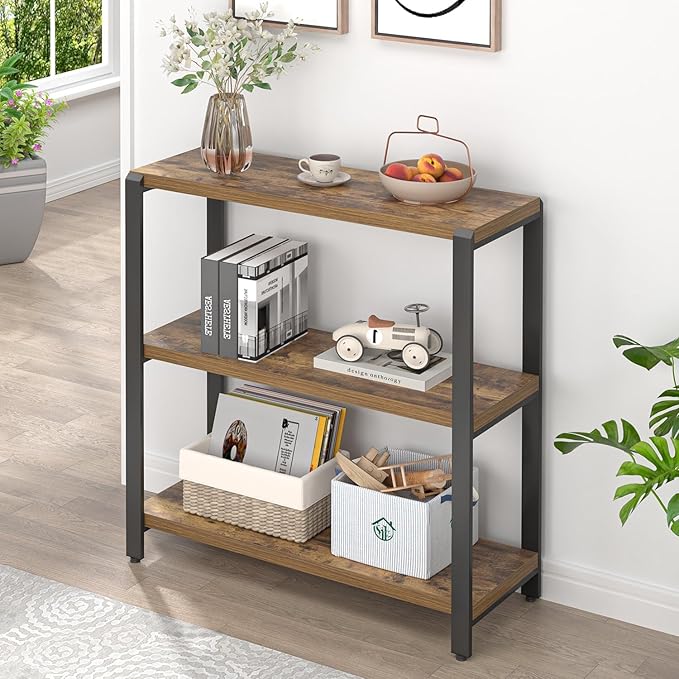 EXCEFUR Small Bookshelf, 3 Tier Short Low Book Shelf, Modern Metal and Wood by EXCEFUR