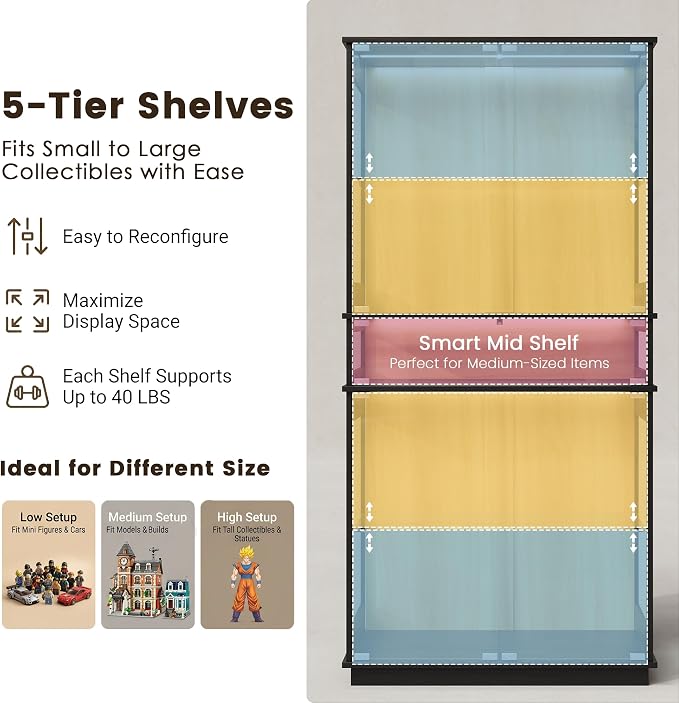 Display Cabinet with Glass Doors & LED Lights, 5 Tier Lighted Display Case - Image 3