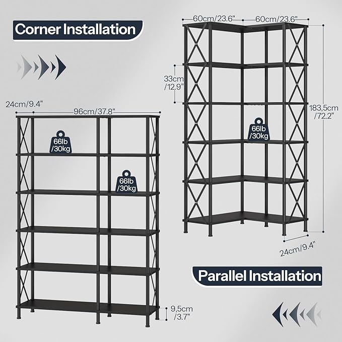 HOOBRO Corner Bookshelf, 6-Tier L-Shaped Bookcase, Industrial Open Display - Image 2