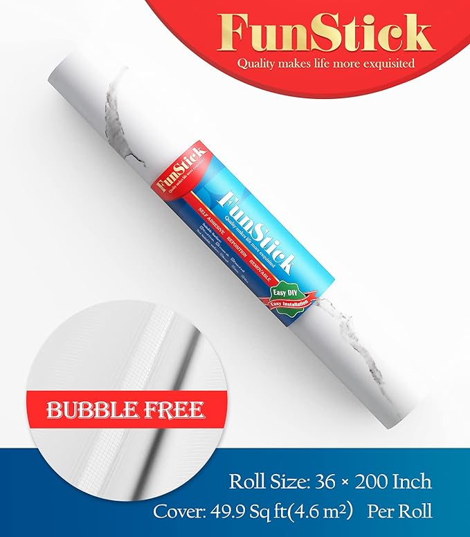 FunStick 36" x 200" White Marble Countertop Contact Paper Waterproof Marble - Image 6