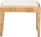 Modern Bohemian Natural Brown Rattan and Mahogany Wood Ottoman Cream Eclectic - Image 3