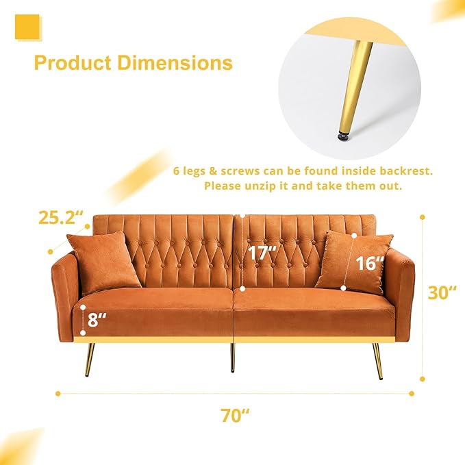 70” Velvet Futon Sofa Bed w/Adjustable Armrests & 2 Pillows, Convertible Futon - Image 3