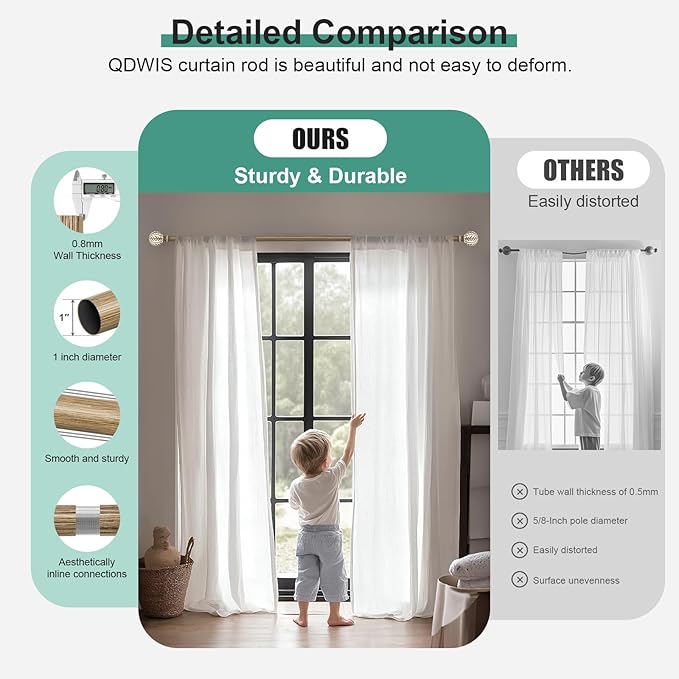 QDWIS Boho Wood Curtain Rods for Windows 28 to 48 inch, Rustic Decorative - Image 3