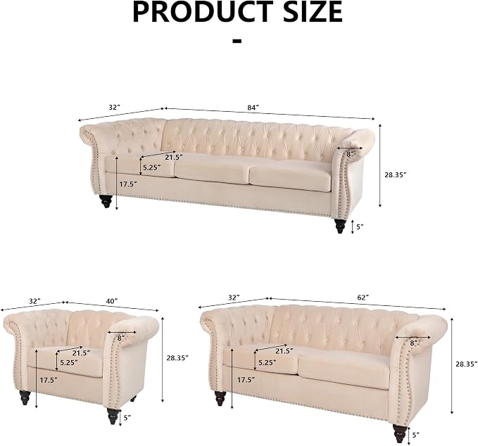 RARZOE 3 Pieces of Living Room Furniture Sofa Sets, Modern Velvet Chesterfield - Image 2