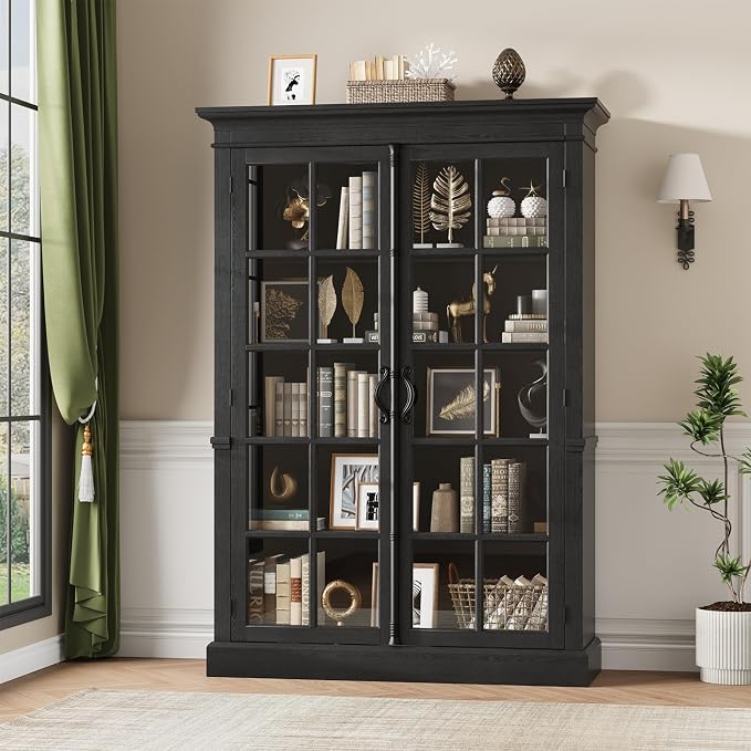 QUW Modern 65" Tall Display Cabinet, Farmhouse Curio Cabinets - Image 2