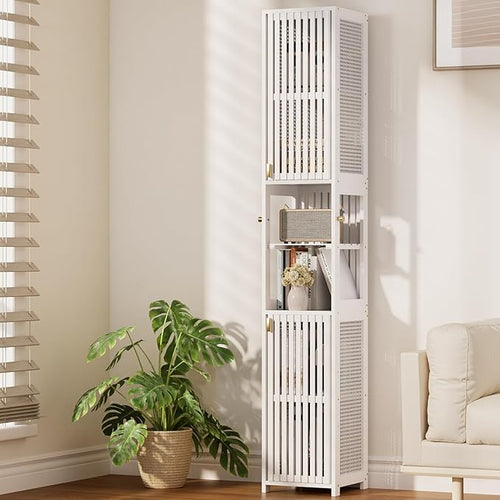 Amazer White Bathroom Storage Cabinet 70'', Bamboo Slim Storage Cabinet by Amazer