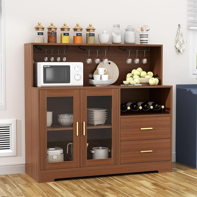 Auromie Wine Bar Cabinet with LED Light, Home Coffee Cabinet with Wine and - Image 7