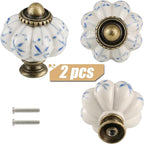 Ivory & Blue Pumpkin Knobs 2 Pack Ceramic Cabinet Knobs Vintage Drawer Pulls - Image 2