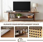 Welnow Walnut Rattan TV Stand for 65" TV, Mid Century Modern Entertainment - Image 4