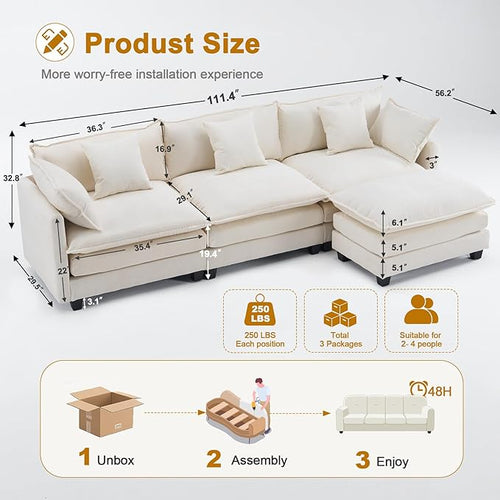 111.4" L-Shaped Cloud Chenille Sofa Sectional Couch - Image 2