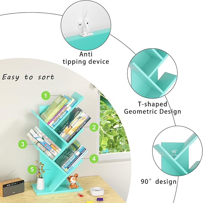 SHEEPAM 5 Tier Tree Book Shelf, Small Desktop Bookshelf - Image 6