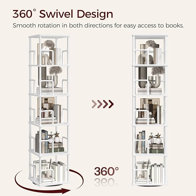MAHANCRIS 5-Tier Rotating Bookshelf, Freestanding Corner Bookshelf, 360° - Image 4