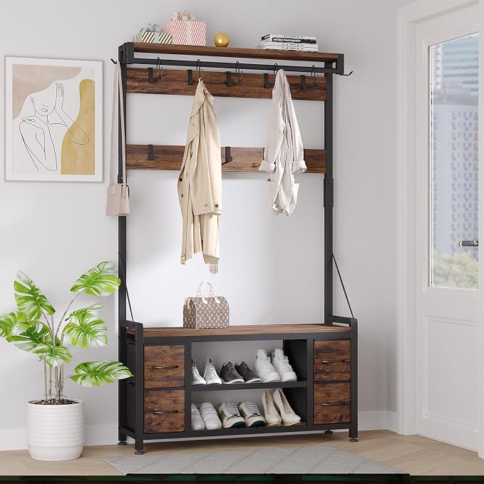 39" Hall Tree with Storage Coat Rack freestanding Entryway Furniture Bench - Image 2