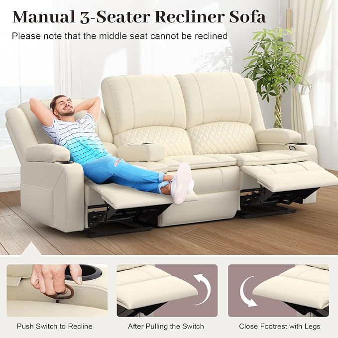 Yolsali Recliner Sofa, 3 Seater Manual Reclining Sofa - Image 4
