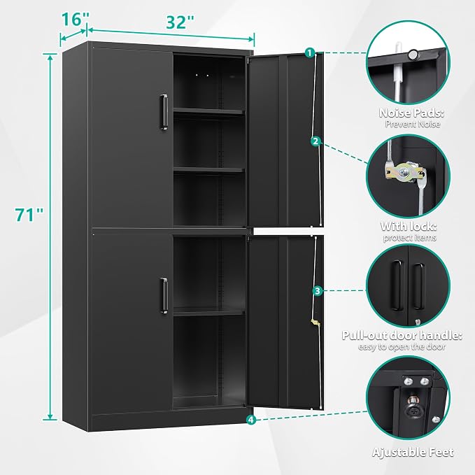 Metal Storage Cabinet with 3 Adjustable Shelves and 4 Doors, Steel Tool Cabinets - Image 3