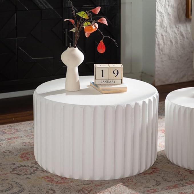 46.46'' White Round Coffee Table Set of 2, Modern Circle Fluted Drum Nesting - Image 6