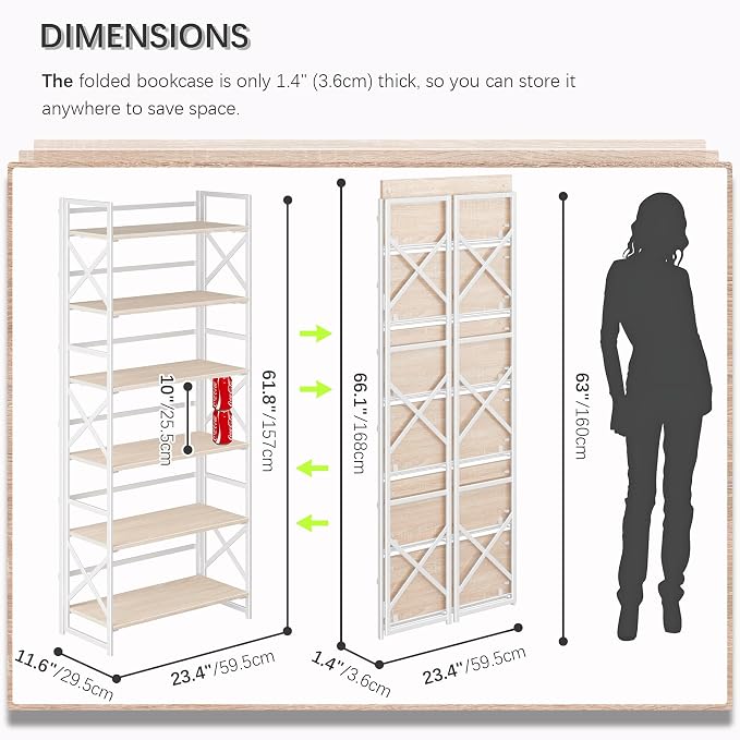 4NM 6 Tiers No Assembly Book Shelves, 61.8" H Folding Bookshelf Bookcase Open - Image 2