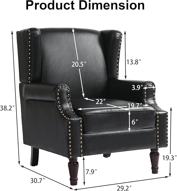 Pia Ricco Set of 2 Faux Leather Accent Chairs, High Back Wingback Armchairs - Image 2