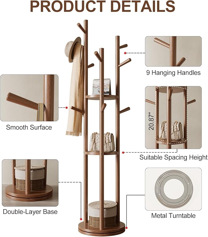 Muwuele Solid Wood Rotary Coat Rack, Freestanding Coat Rack - Image 5