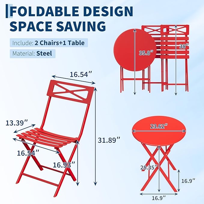 GarveeTech 3-Piece Folding Bistro Set, Heavy Duty Outdoor Patio Furniture - Image 3