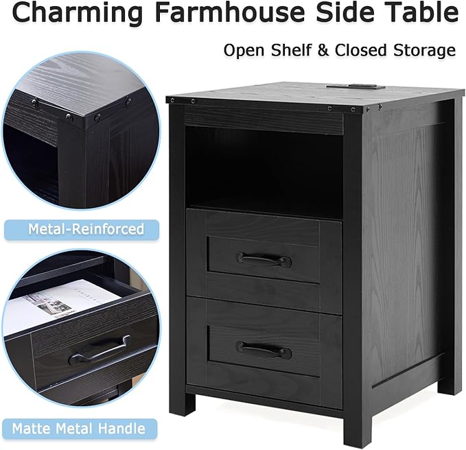 Black Night Stand Set of 2, Rustic End Table - Image 7