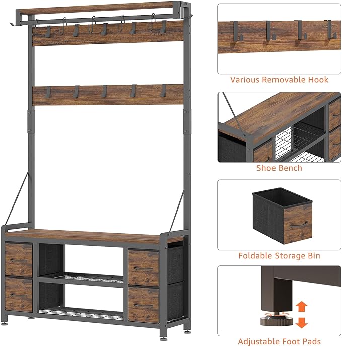 39" Hall Tree with Storage Coat Rack freestanding Entryway Furniture Bench - Image 6