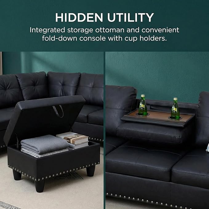 97.5" L Shaped Couch Set Leather, Modular Sectional Couches - Image 5