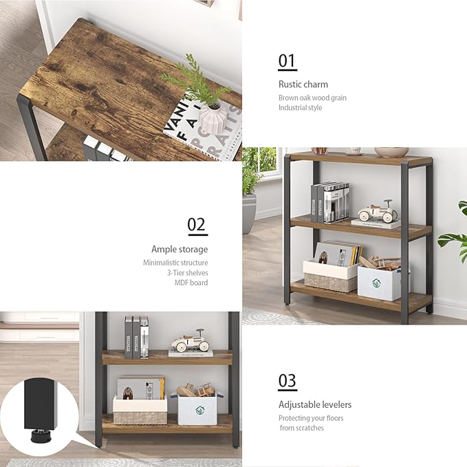 EXCEFUR Small Bookshelf, 3 Tier Short Low Book Shelf, Modern Metal and Wood - Image 4