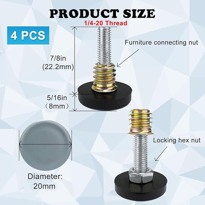 1/4" Thread Leveling Feet PTFE Bottom, Adjustable Furniture Feet Threaded Screw - Image 3