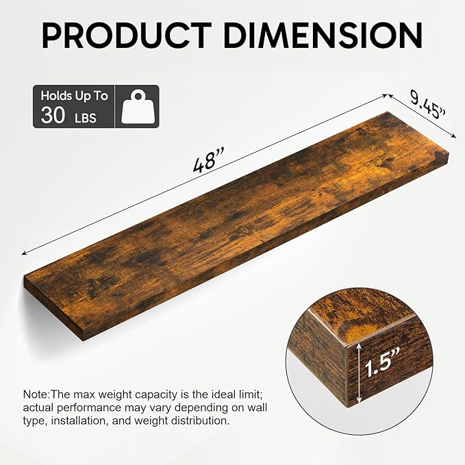 BAYKA Floating Shelves, 48 inches Long Wall Mounted Rustic Wood Shelves - Image 3