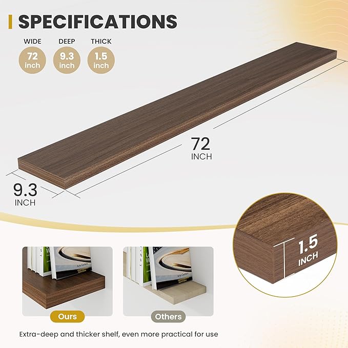 Acovy 72 Inch Floating Shelves, 9.3" Deep Floating Shelf Wall Mounted, Rustic - Image 3