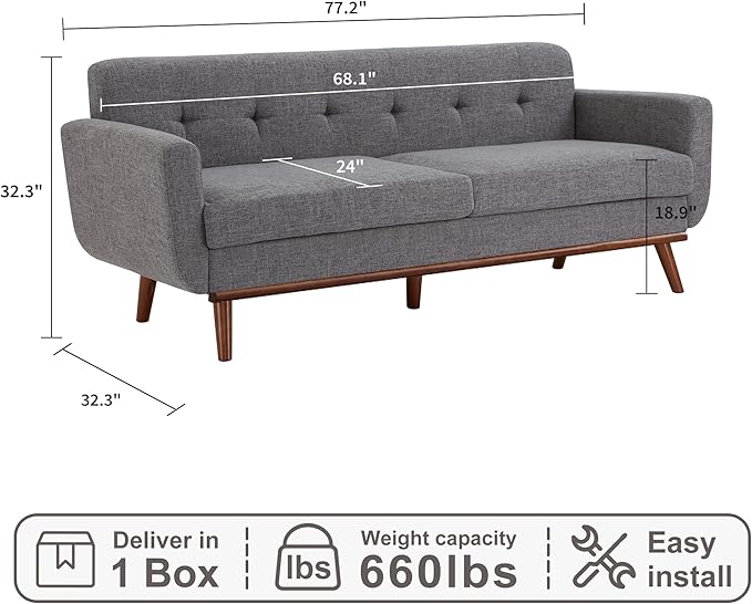 Kingfun 77.2" W Loveseat Sofa, Mid Century Modern Decor Love Seat Couches - Image 2