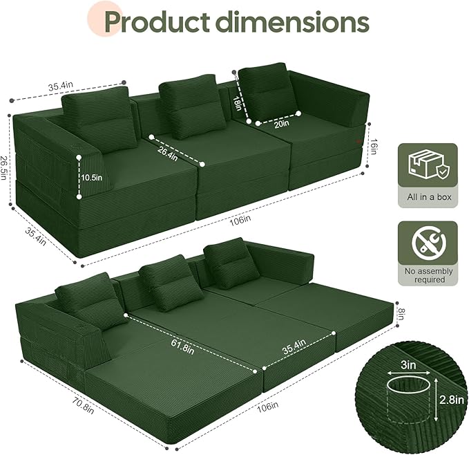 COMAX Futon Sofa Bed 3 Seater, 4 in 1 Folding Boneless Sleeper Corduroy Couch - Image 2
