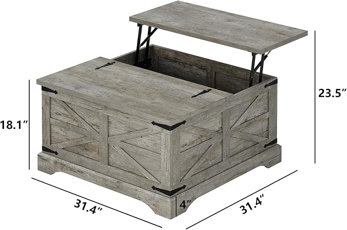 Furnideco Farmhouse Lift Top Coffee Table, Square Wood Center Table - Image 2