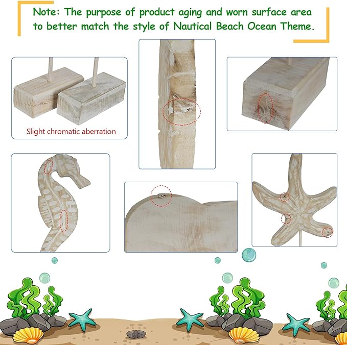 3pcs Wood Handmade Beach Nautical Style Figurines Starfish/Conch/Seahorse - Image 6