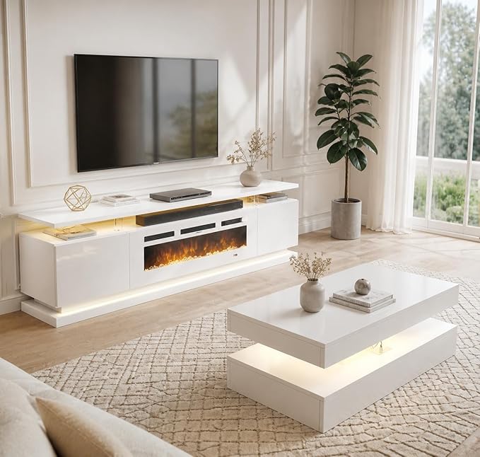 2-Piece Modern Living Room Table Set, Includes High Gloss 70" Fireplace TV by Nordivale