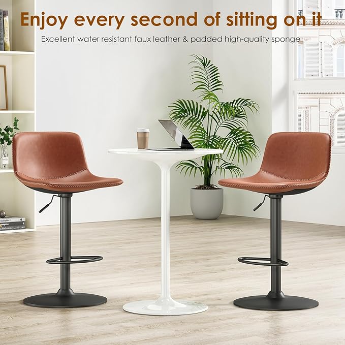 Adjustable Bar Stools Set of 2, Mid Century Modern Swivel Bar Stools, - Image 3
