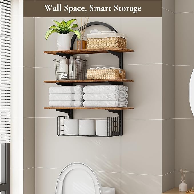 3 Tier Floating Shelf with Storage Baskets, Wall Mounted Bathroom Shelves Over - Image 4