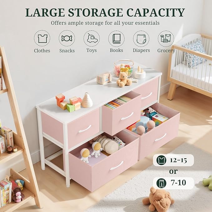 5-Drawer Dresser for Bedroom, Anti-Tip Wide Storage Organizer Fabric Chest of - Image 5