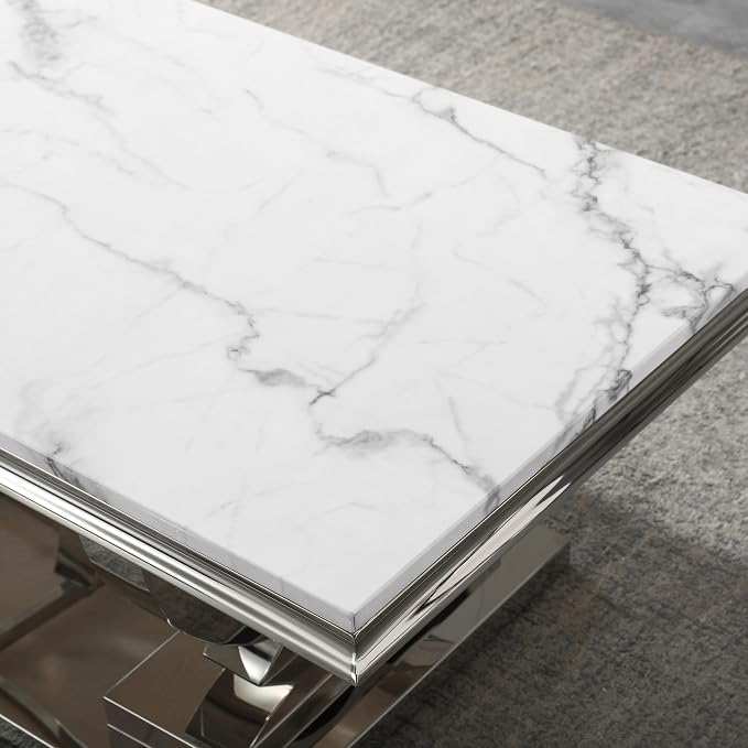 Henf 47" Marble Coffee Table Modern White Faux Marble Center Table - Image 7